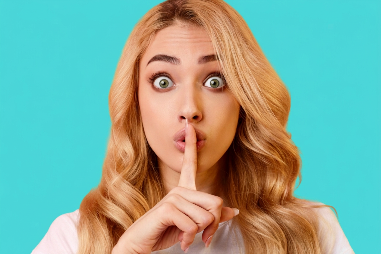 A young woman holding a finger to her lips in a keep-it-quiet gesture