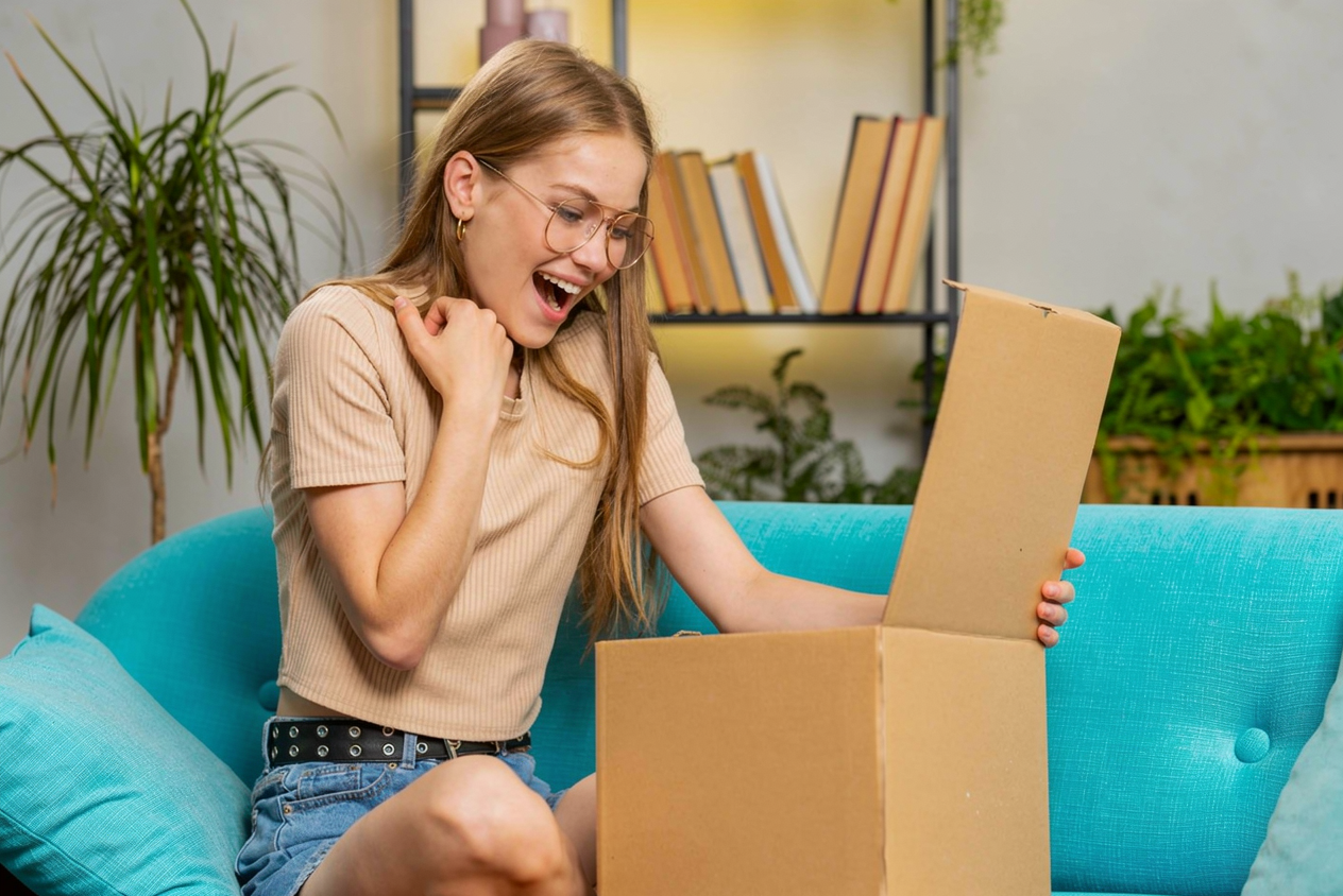 A young customer discovering a product during an unboxing