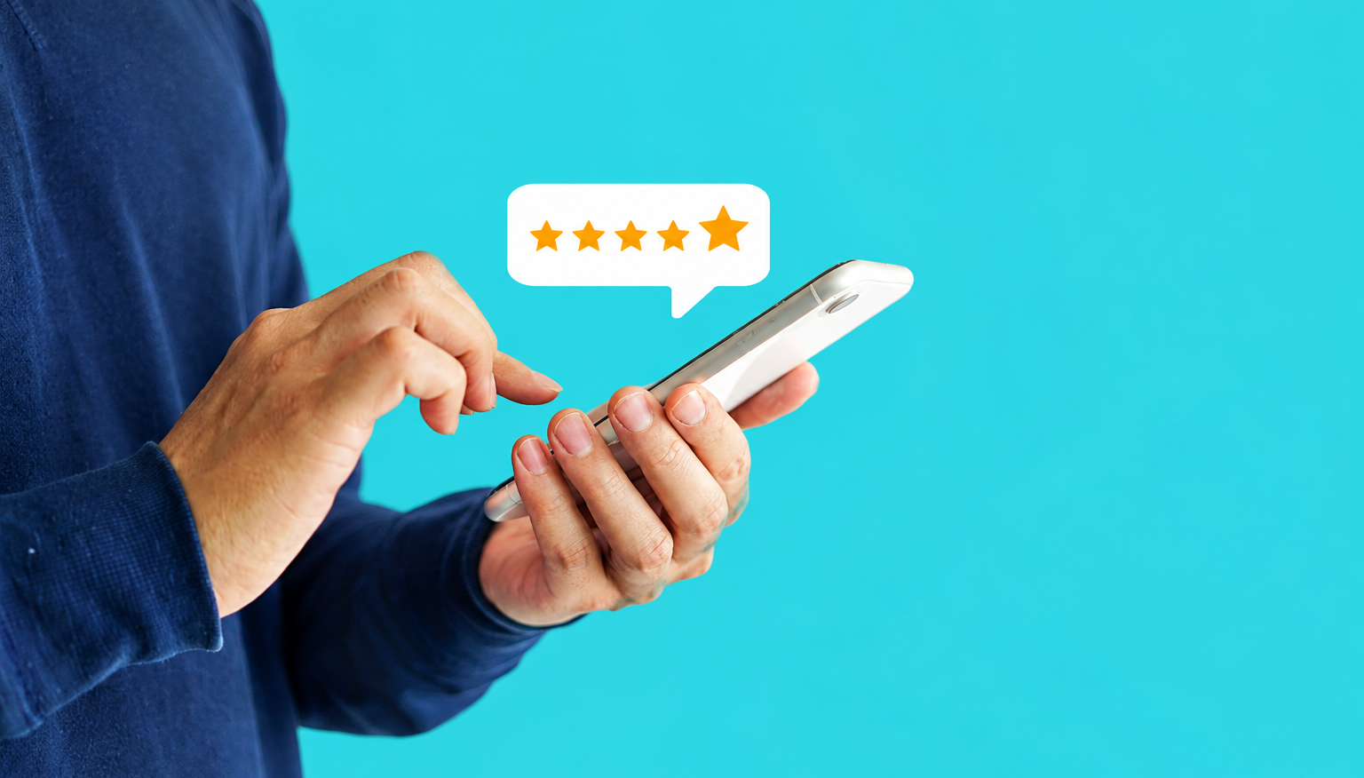 A teenager rating an experience five stars on a smartphone
